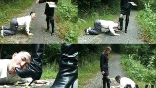 Man is fed on the ground outdoors and using domme's boots - Full version (Faster Download - ))