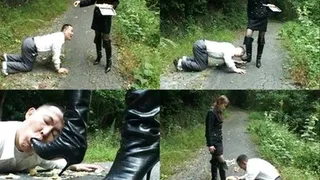 Man is fed on the ground outdoors and using domme's boots - Full version ( - AVI Format)