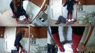 Man is humiliated in public toilet as domina tramples on his body - Part 2 (Faster Download - ))