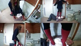 Man is humiliated in public toilet as domina tramples on his body - Part 2 ( - AVI Format)