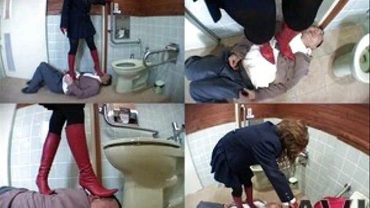 Man is humiliated in public toilet as domina tramples on his body - Full version (Faster Download - ))