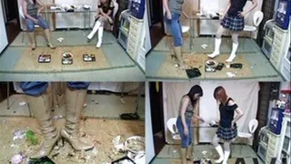 Two mistresses destroys every food on the floor with their boots - Full version (Faster Download - ))