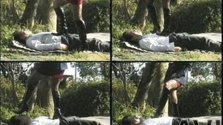 Domme ruins man's rest on the ground as she tramples on his body - Full version (Faster Download - ))