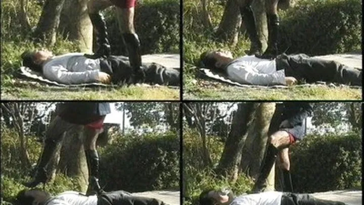 Domme ruins man's rest on the ground as she tramples on his body - Full version ( - AVI Format)