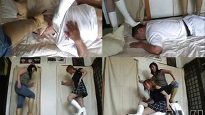 Two dominas try to wake up man by stepping on his body - Part 1 (Faster Download - ))