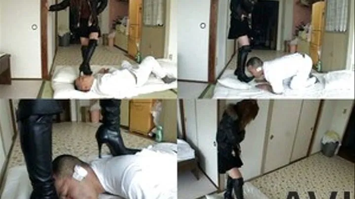 Domme slaps man's face and beats him with her boots for punishment - Part 2 (Faster Download - ))