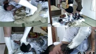 Man's face and white clothes turn black as dominas spreads greasy mud on him - Part 3 (Faster Download - ))