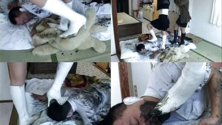 Man's face and white clothes turn black as dominas spreads greasy mud on him - Part 3 ( - AVI Format)