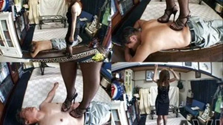 Lady in fishnets and high heels stands up and walks on man's body - Part 1 (Faster Download - ))