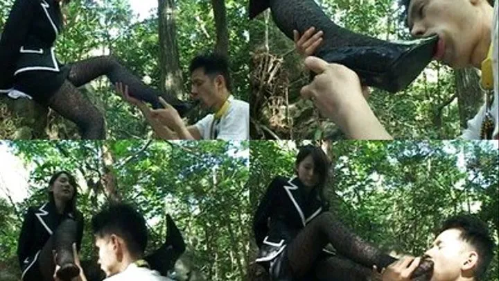 Slave licks up domme's heels and wild hose in the forest - Part 3 ( - AVI Format)