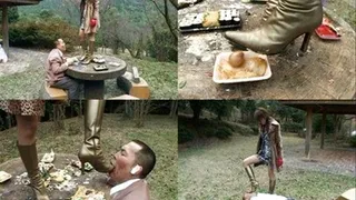 Domme helps man with his food by feeding him with her boot - - AVI Format