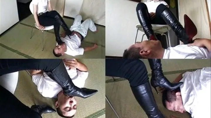 After getting beaten by domme's boots, man still worships it - - AVI Format