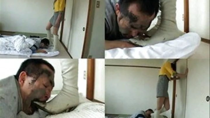 Man gets totally beaten up on the bed until he licks domme's boots - Part 2 - AVI Format