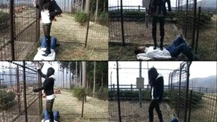 Domme visits slave in his cage only to trample on his body - Part 1 - AVI Format