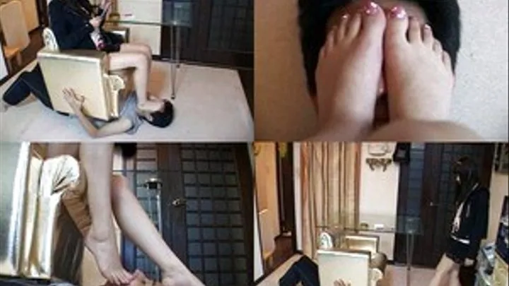 Couch is placed on man's body and domme sits on it with her feet on his face - Full version - AVI Format