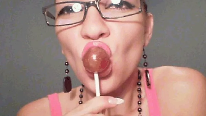 Licking lollipop in eye glasses