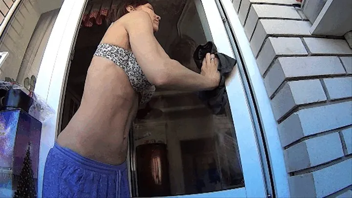 Windows cleaning and belly showing (A)