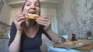 Super overeating pizza (huge belly)