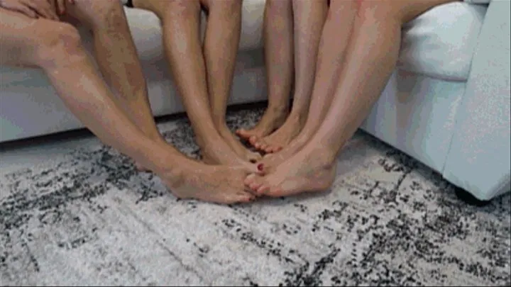 4 gerls crossed legs and interlocking their toes together sm