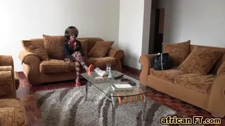 African sweetheart with cool haircut seduces and fucks white man in living room