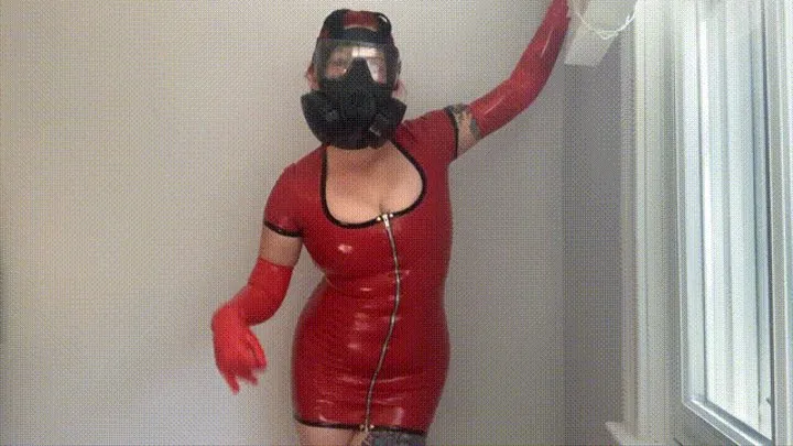 Gas Mask and Red Latex dress and gloves JOI