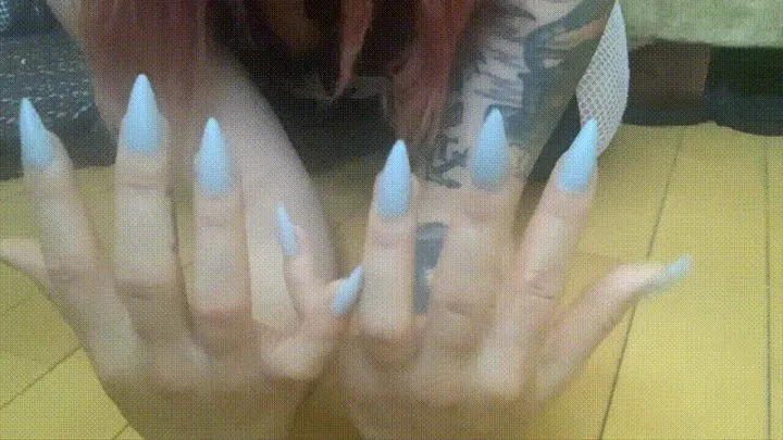Showing off new sharp powder blue nails Fingernail Worship