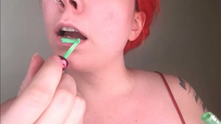 Deanna Putting on bright LIME GREEN lipstick