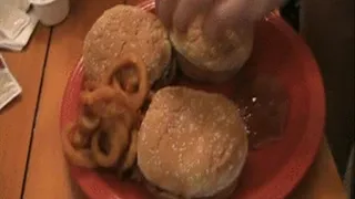 NIKKI EATS A BUNCH OF BURGERS AND ONION RINGS IN FRONT OF THE TV, AND GETS A HUGE STUFFED BELLY!! *** ***