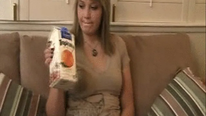 ERIS CHUGS A CARTON OF ORANGE JUICE, GETS VERY BLOATED, AND HAS A STOMACH ACHE