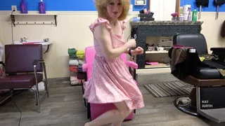 Taking off my summer dress while under a vintage salon chair hair dryer