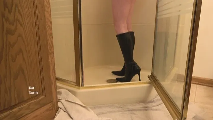 Showering with my black pointy-toe boots