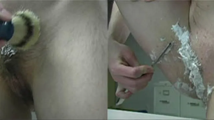 Woman shaving her pussy with straight-edge razor