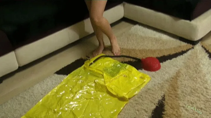 Christina pumps up yellow mattress with red rubber foot pump