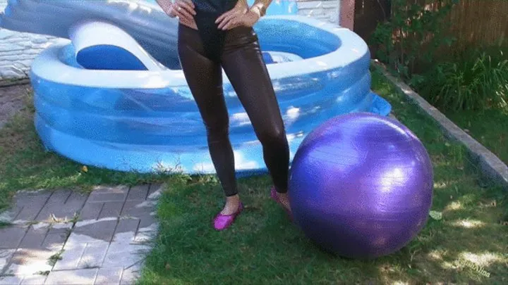 Christina in Camel Toe Leggins and rubber swimsuit rides on a gym ball