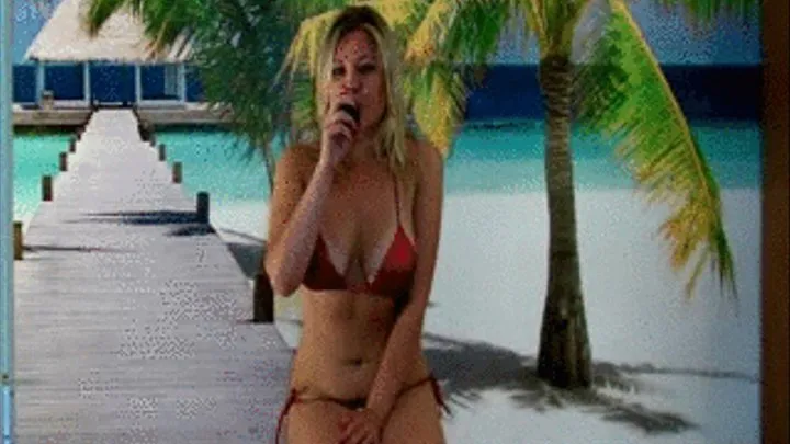 Christina blows up and pops balloons in red bikini