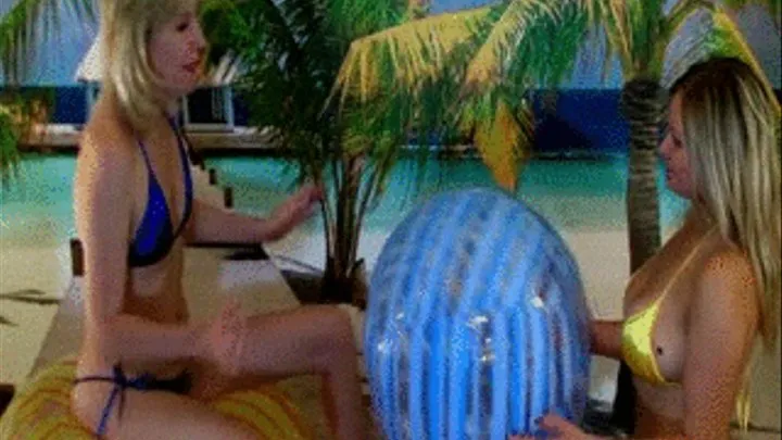 2 blondes in Bikinis deflating beachballs