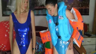 Christina and Nikki in swimsuits deflating life vest and arm wings