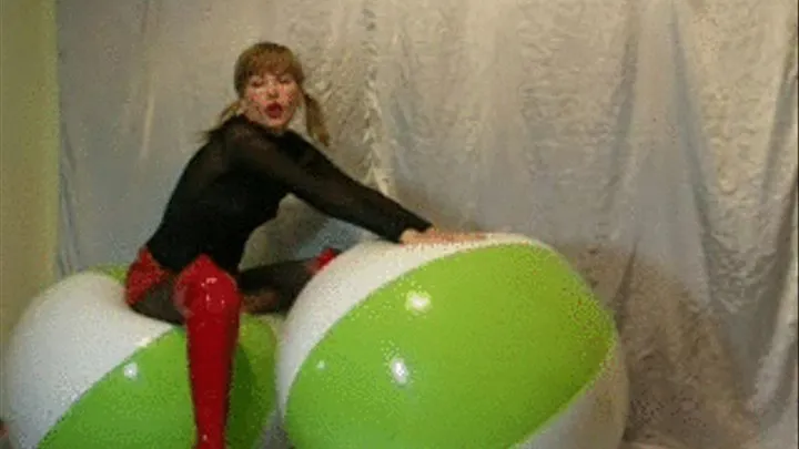 Alina rides a beachball in high heels and nylon