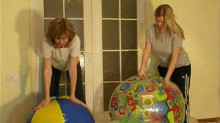 Alina and Christina riding and playing with beachballs