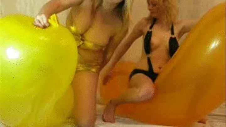 2 blondes deflating giant balloons