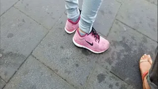 Chatting German Lady in Blackberry Colored Nikes At Bus Stop