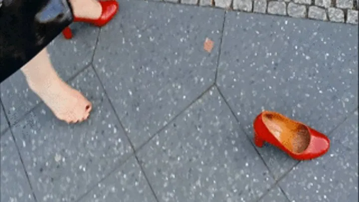 Matured Lady in Red High Heels Permits Photo, but Refuses Kissing her Shoes