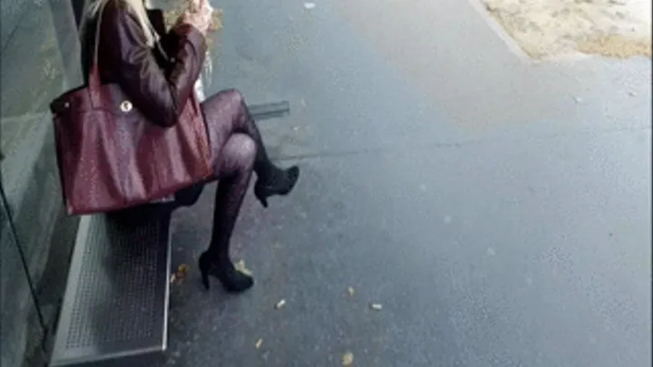 Black Nylons & High Heels Lady Eating At Bus Stop