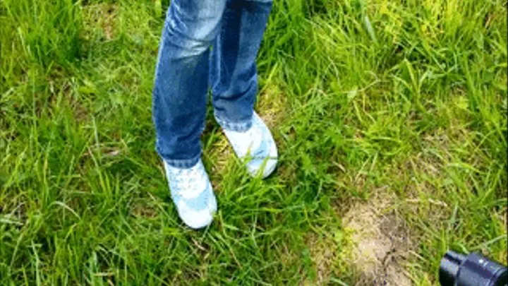 White-blue Sneakers in the Grass