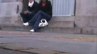 2 Girls joking on stairs