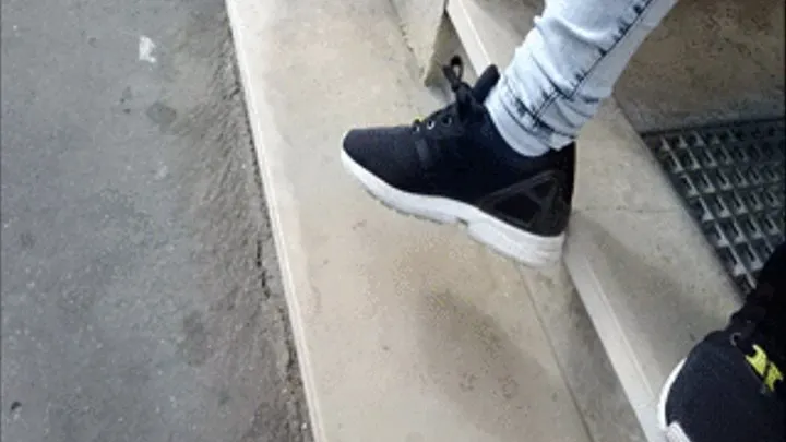 Black Sneakers & White Socks Standing at Stairs, Then Going Away