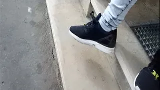 Black Sneakers & White Socks Standing at Stairs, Then Going Away