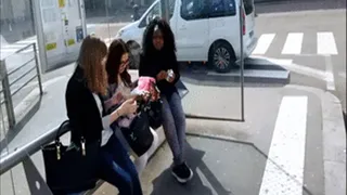 Brown Flats Lady With 2 Girlfriends at Bus Stop