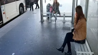 Moving Half Boots Girl At Bus Stop in France