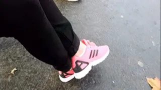 Pink Adidas Lady Sitting at the Bus Stop